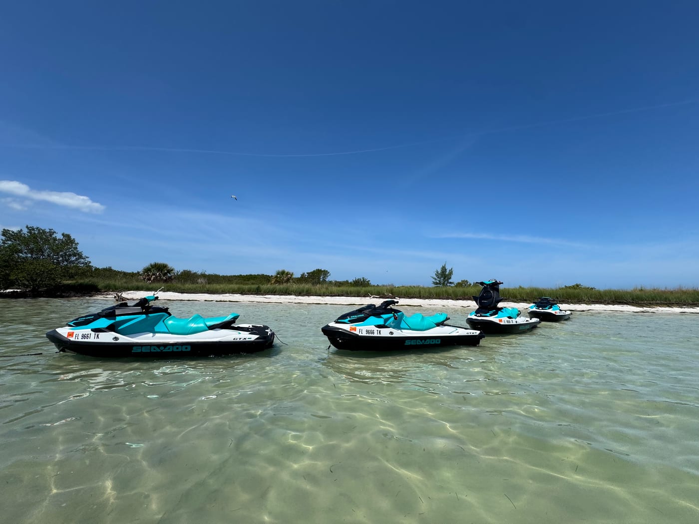 Sea-Doo GTX Pro rental fleet at a Clearwater island stop